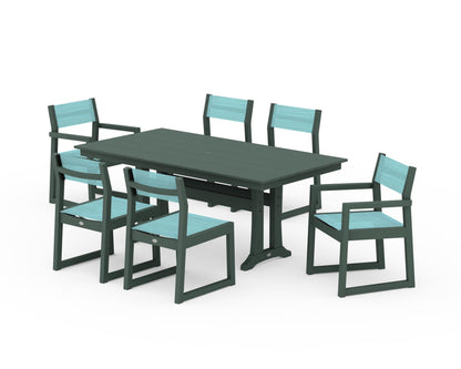 POLYWOOD® EDGE Sling 7-Piece Farmhouse Trestle Dining Set in Green / Dupioni Aquamarine Sling