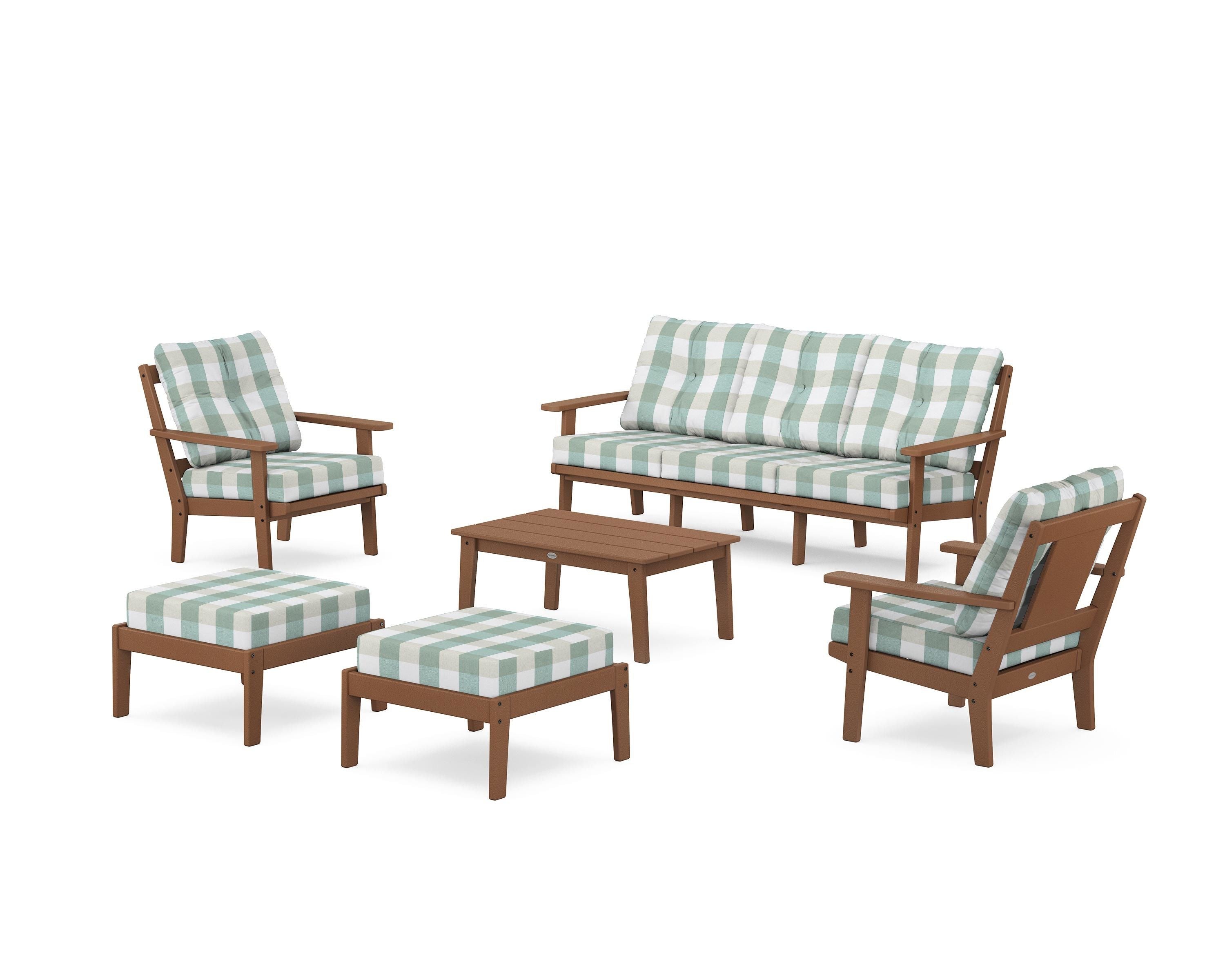 POLYWOOD® Prairie 6-Piece Lounge Sofa Set in Teak / Buffalo Plaid Glacier Spa