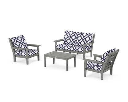 POLYWOOD® Chippendale 4-Piece Deep Seating Set with Loveseat in Slate Grey / Trellis Navy