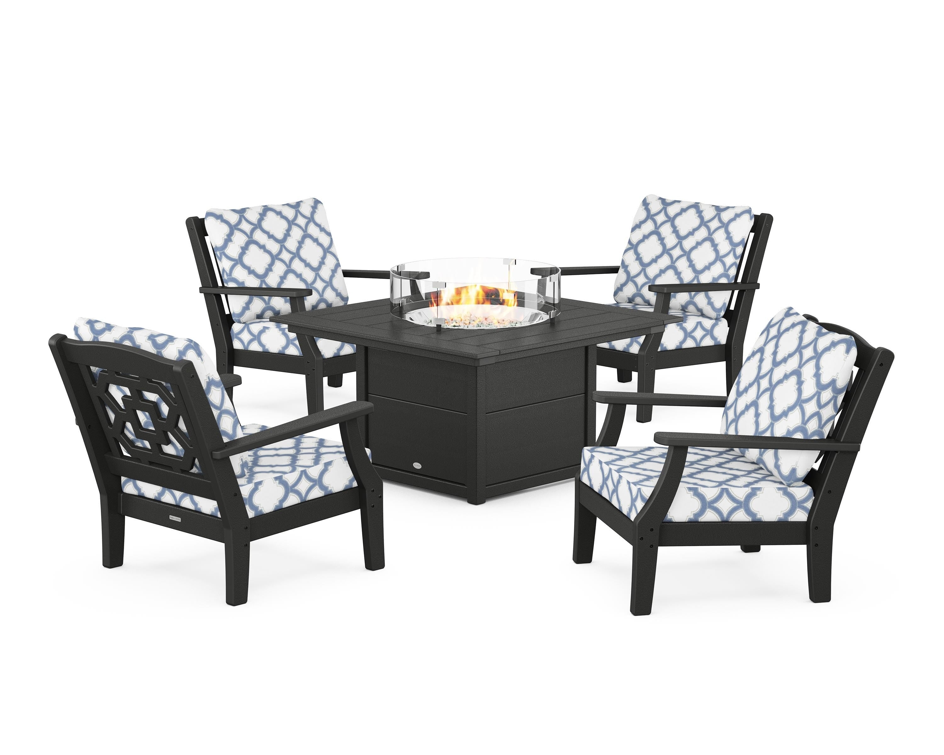 Martha Stewart by POLYWOOD® Chinoiserie 5-Piece Deep Seating Set with Fire Pit Table in Black / Trellis Sky Blue