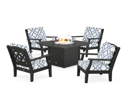 Martha Stewart by POLYWOOD® Chinoiserie 5-Piece Deep Seating Set with Fire Pit Table in Black / Trellis Sky Blue