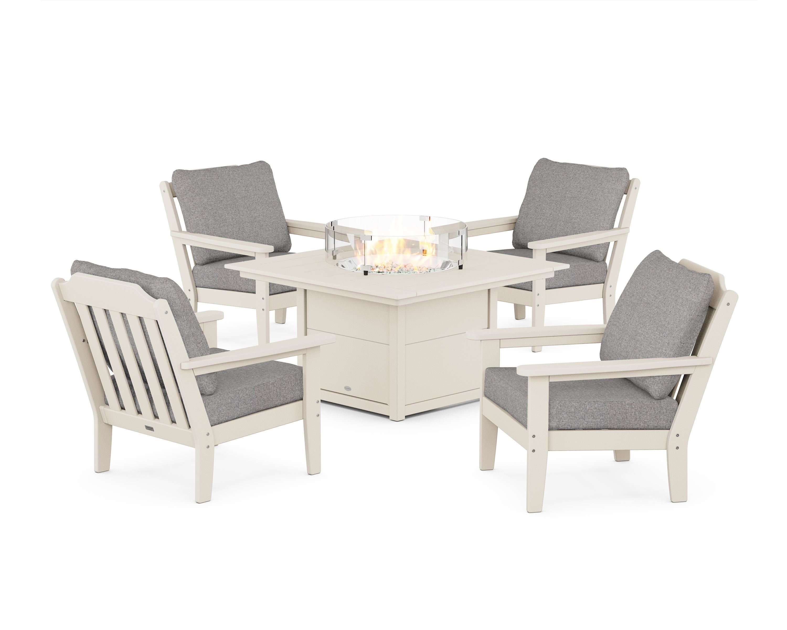 Country Living Cottage 5-Piece Deep Seating Set with Fire Pit Table in Sand / Grey Mist