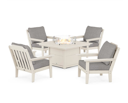 Country Living Cottage 5-Piece Deep Seating Set with Fire Pit Table in Sand / Grey Mist