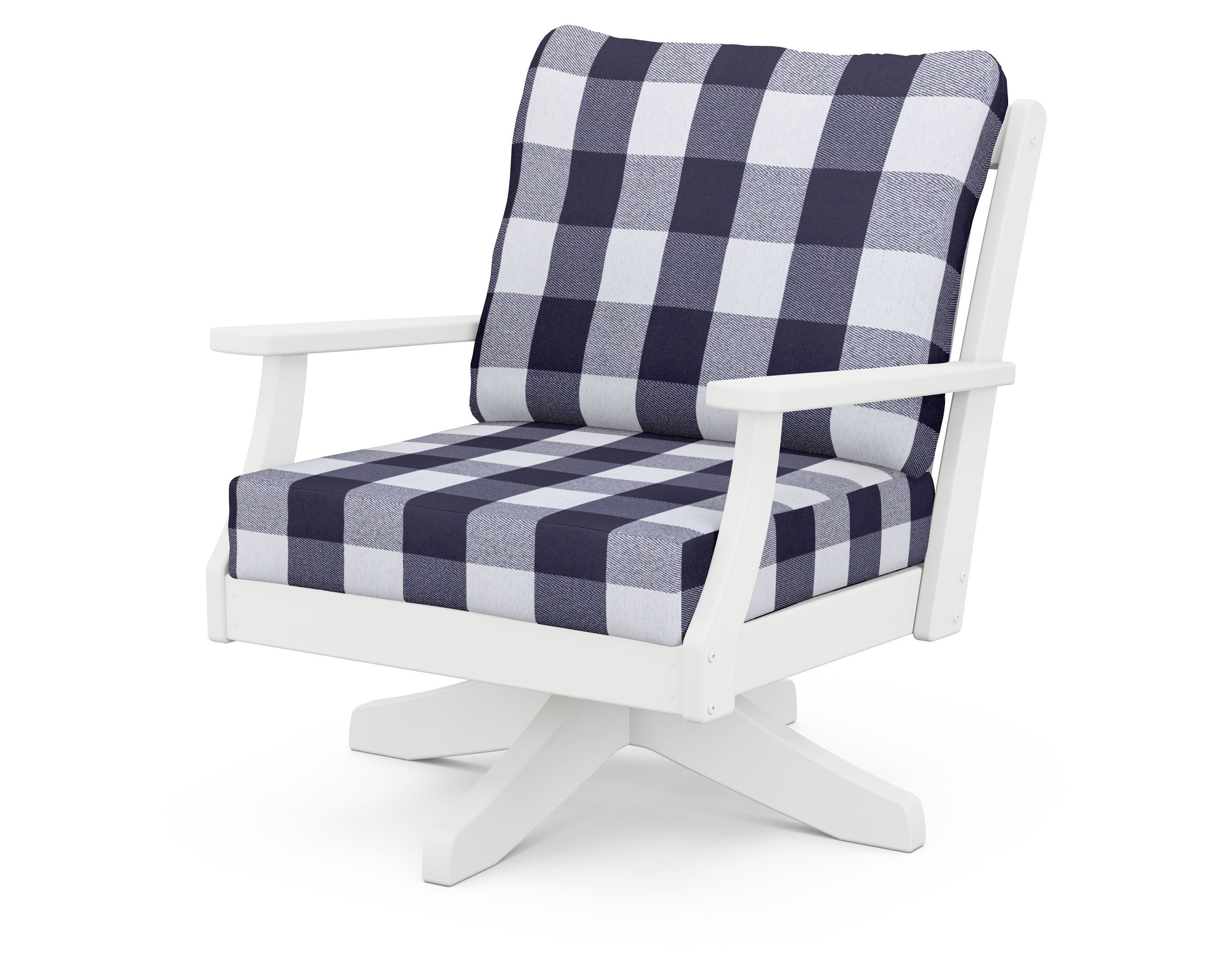POLYWOOD® Braxton Deep Seating Swivel Chair in White / Buffalo Plaid Navy