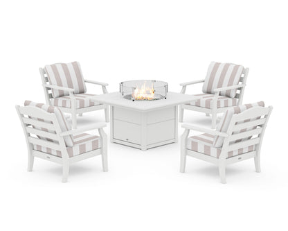 Draper James™ by  POLYWOOD® Savannah 5-Piece Deep Seating Set with Fire Pit Table in White / Cabana Stripe Dune Burlap