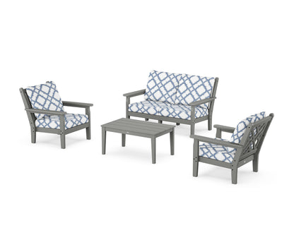POLYWOOD® Chippendale 4-Piece Deep Seating Set with Loveseat in Slate Grey / Trellis Sky Blue