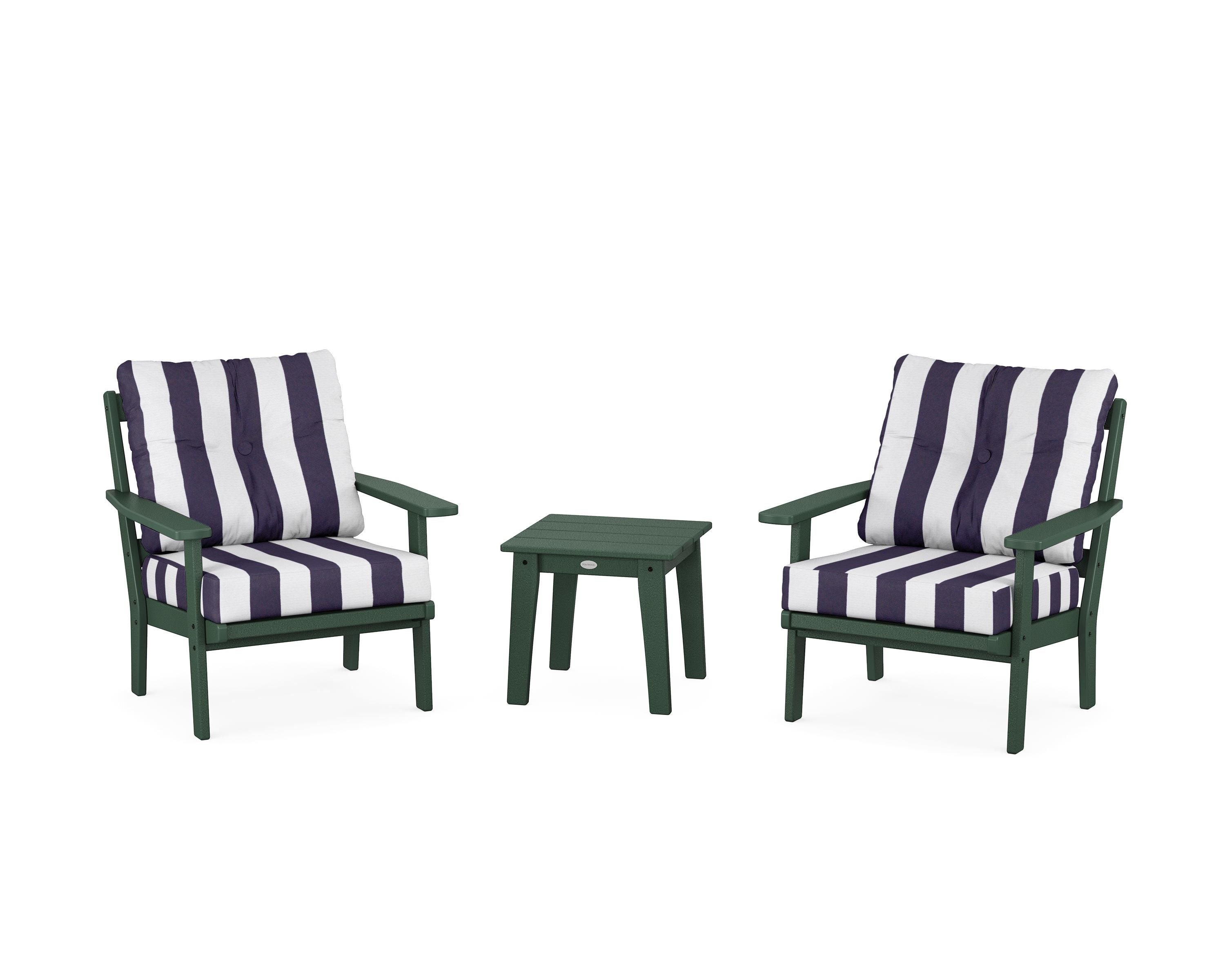 POLYWOOD® Prairie 3-Piece Deep Seating Set in Green / Cabana Stripe Navy