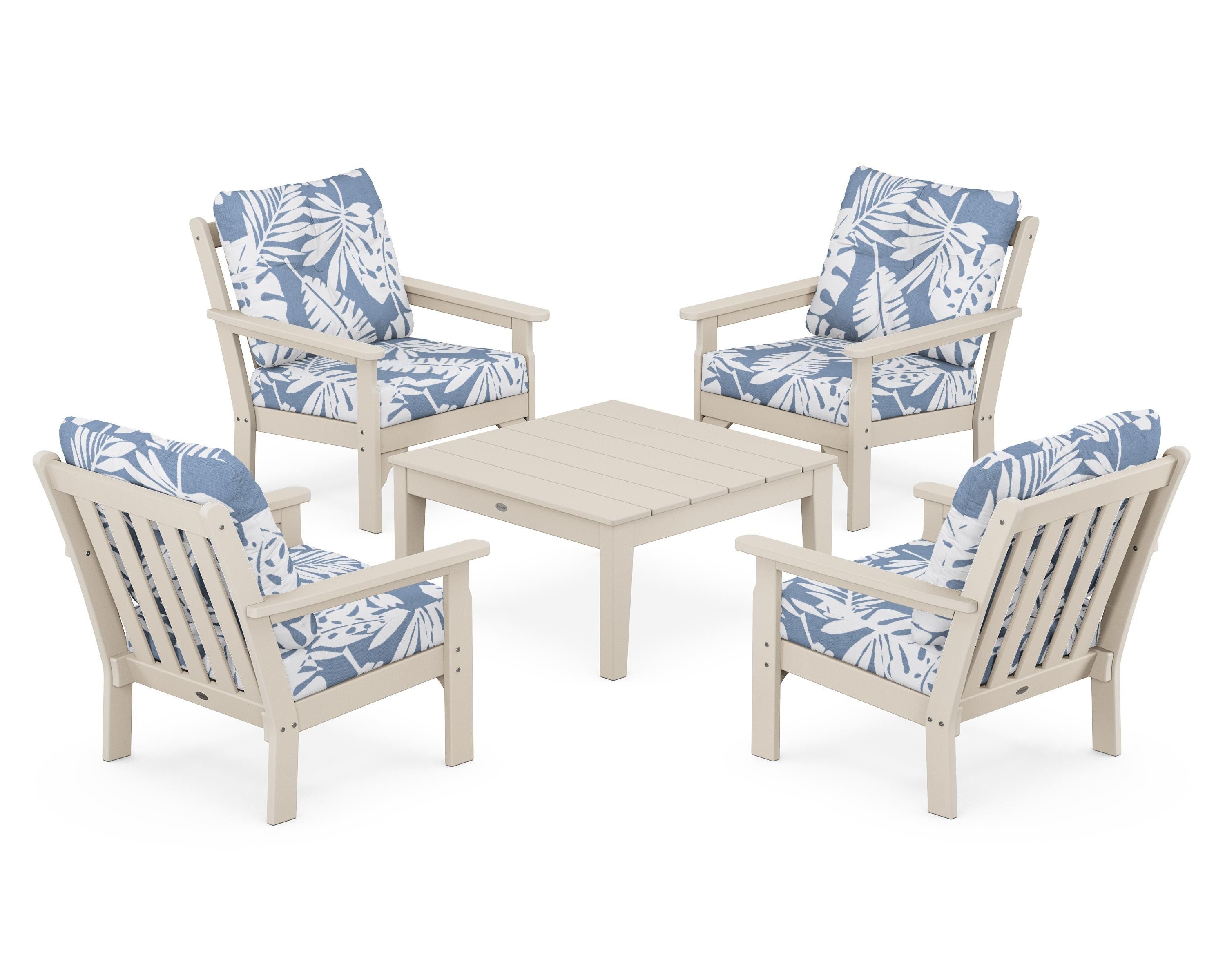 POLYWOOD® Vineyard 5-Piece Deep Seating Conversation Set in Sand / Leaf Sky Blue
