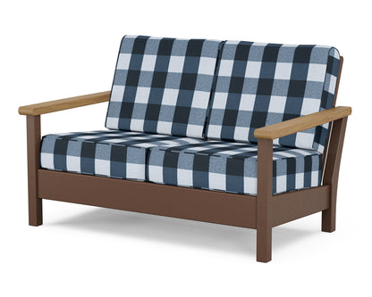 POLYWOOD® Harbour Deep Seating Loveseat in Mahogany / Natural / Buffalo Plaid Marine Indigo
