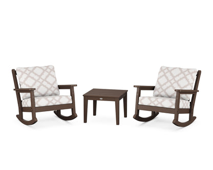 POLYWOOD® Chippendale 3-Piece Deep Seating Rocker Set in Mahogany / Trellis Dune Burlap