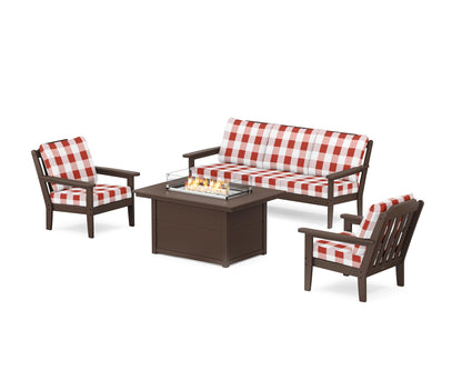 Country Living Cottage Deep Seating Fire Pit Table Set in Mahogany / Buffalo Plaid Crimson