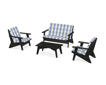 POLYWOOD® Riviera Modern Lounge 4-Piece Set in Black / Buffalo Plaid Sky Blue