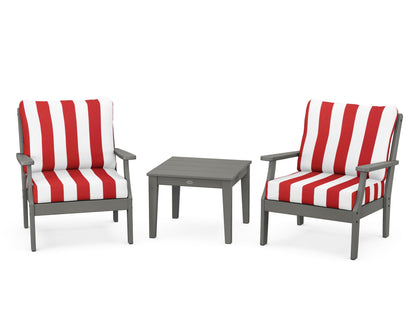 POLYWOOD® Braxton 3-Piece Deep Seating Set in Slate Grey / Cabana Stripe Crimson