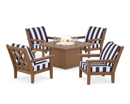 POLYWOOD® Chippendale 5-Piece Deep Seating Set with Fire Pit Table in Teak / Cabana Stripe Navy