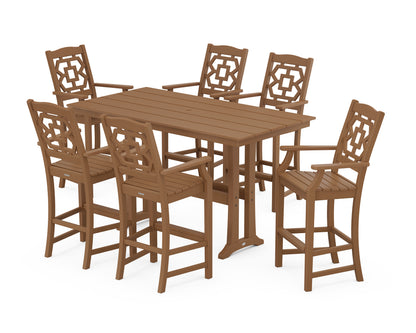 Martha Stewart by POLYWOOD® Chinoiserie Arm Chair 7-Piece Farmhouse Bar Set with Trestle Legs in Teak