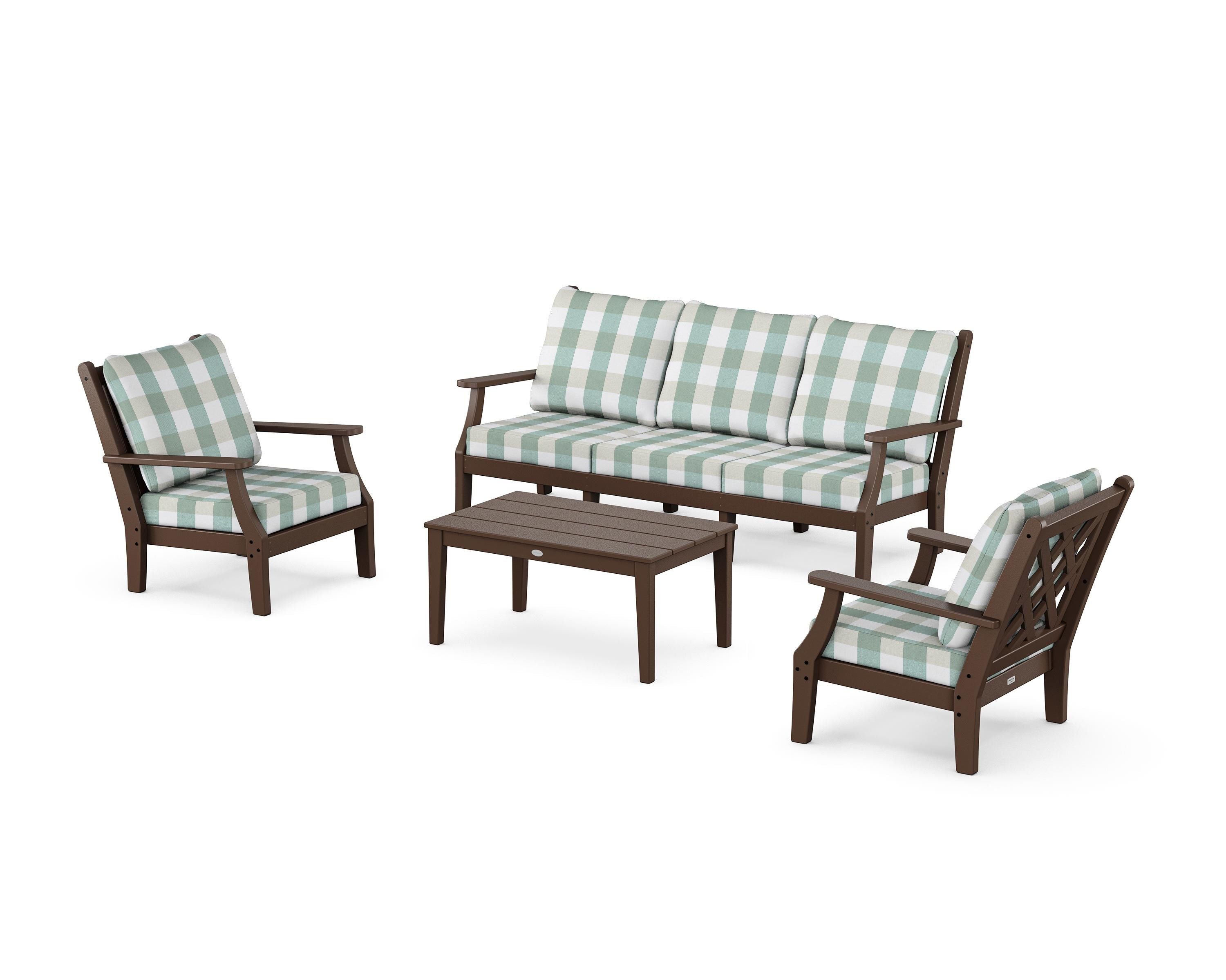 Country Living Wovendale 4-Piece Deep Seating Set with Sofa in Mahogany / Buffalo Plaid Glacier Spa