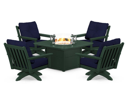 POLYWOOD® Vineyard 5-Piece Deep Seating Swivel Conversation Set with Fire Pit Table in Green / Navy