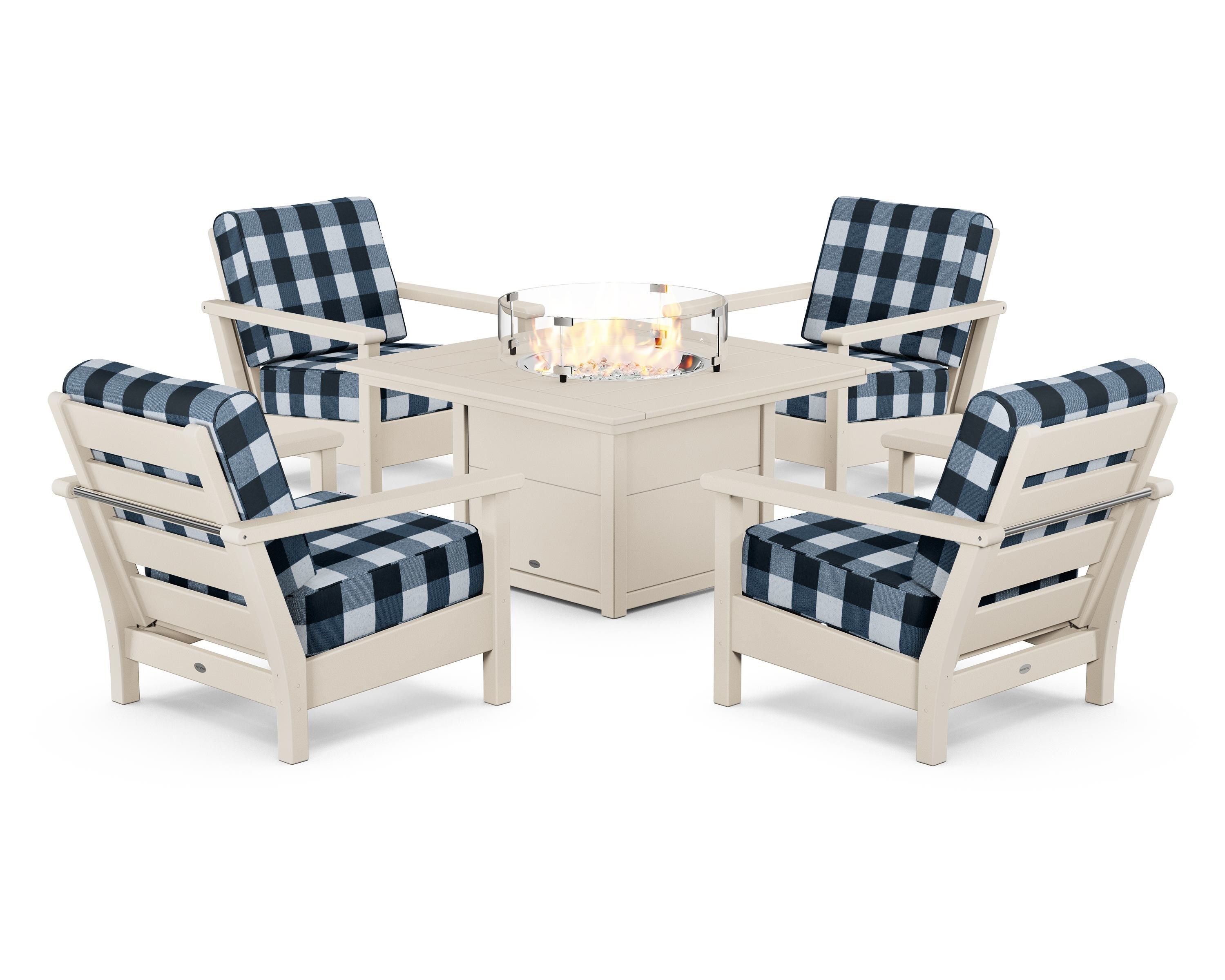 POLYWOOD® Harbour 5-Piece Conversation Set with Fire Pit Table in Sand / Buffalo Plaid Marine Indigo