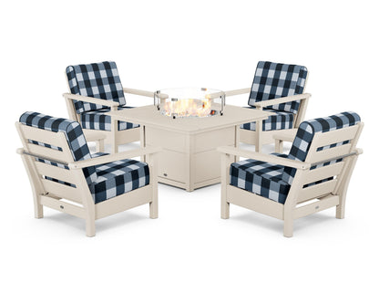 POLYWOOD® Harbour 5-Piece Conversation Set with Fire Pit Table in Sand / Buffalo Plaid Marine Indigo