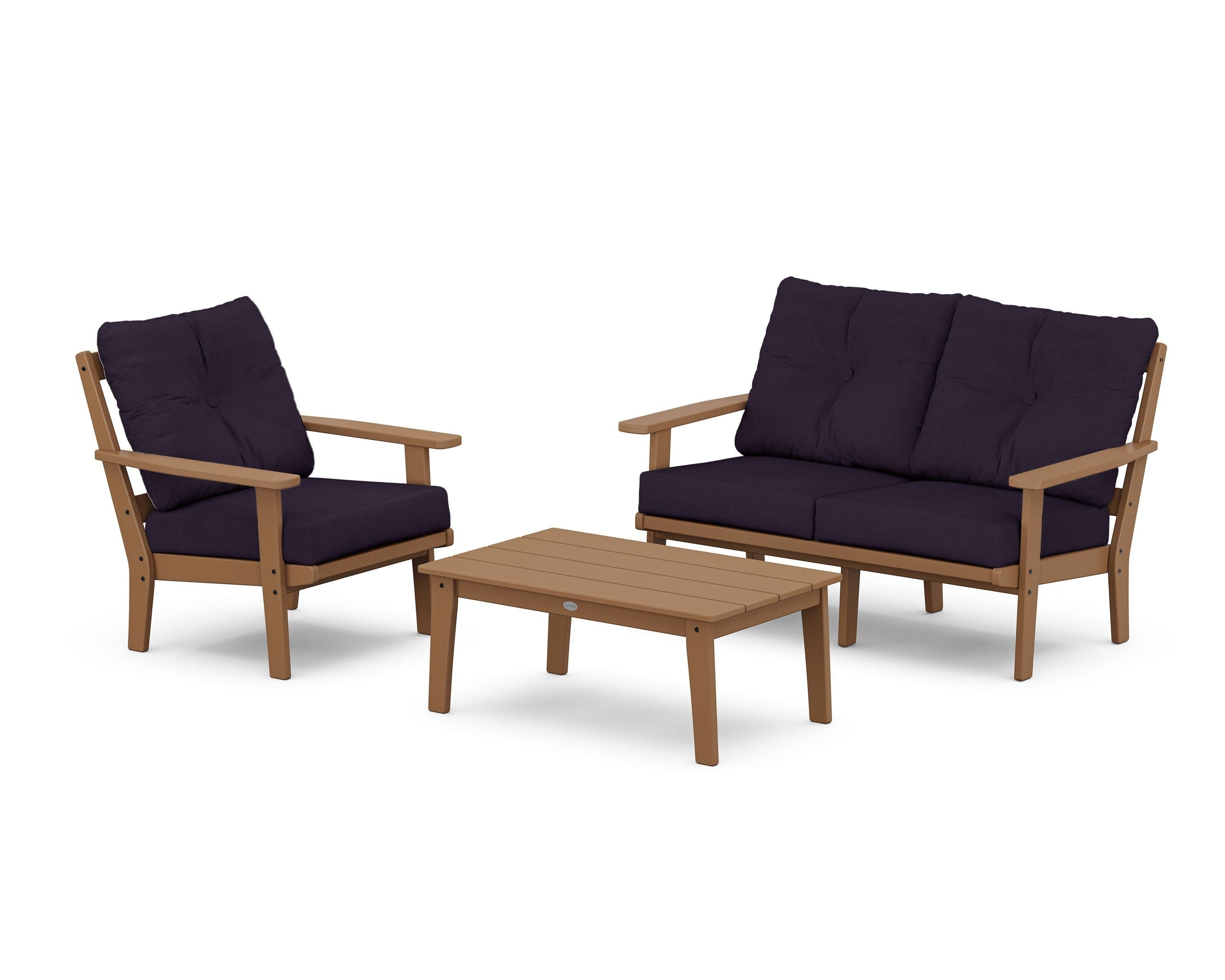 POLYWOOD® Prairie 3-Piece Deep Seating Set with Loveseat in Teak / Navy Linen