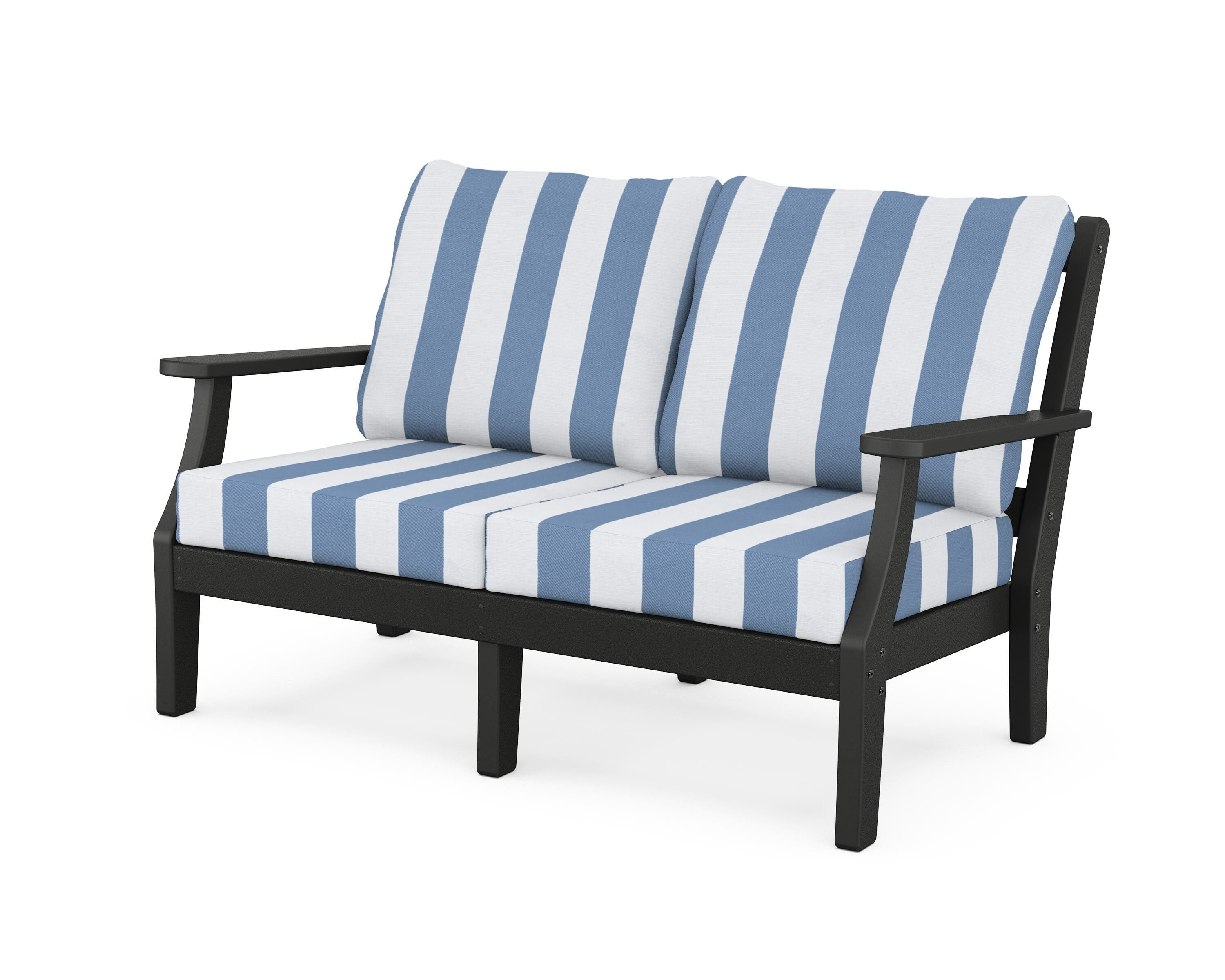 Martha Stewart by POLYWOOD® Chinoiserie Deep Seating Loveseat in Black / Cabana Stripe Sky Blue
