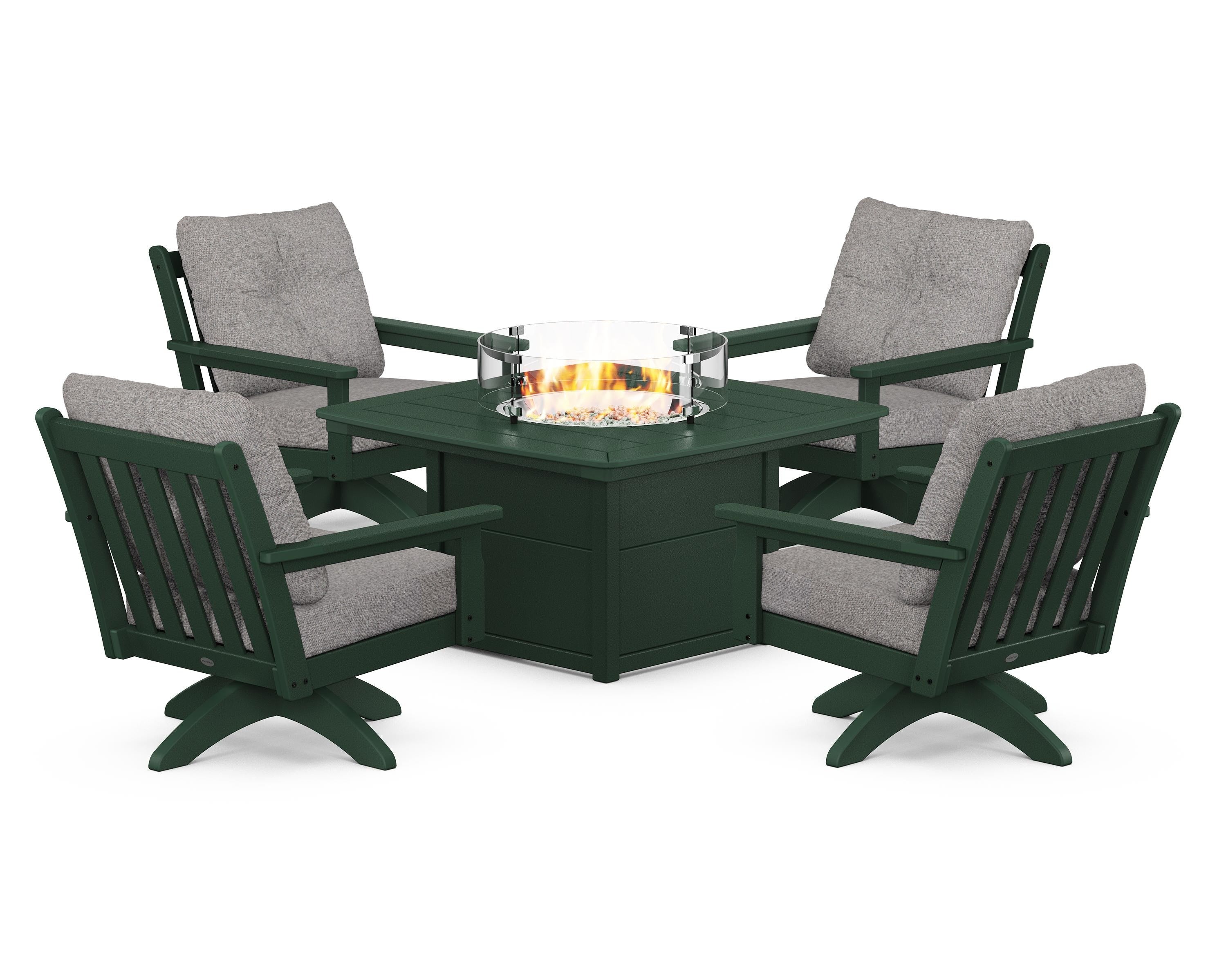 POLYWOOD® Vineyard 5-Piece Deep Seating Swivel Conversation Set with Fire Pit Table in Green / Grey Mist