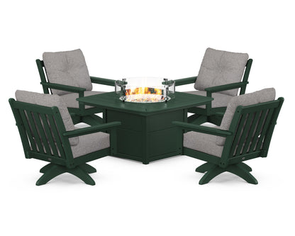 POLYWOOD® Vineyard 5-Piece Deep Seating Swivel Conversation Set with Fire Pit Table in Green / Grey Mist