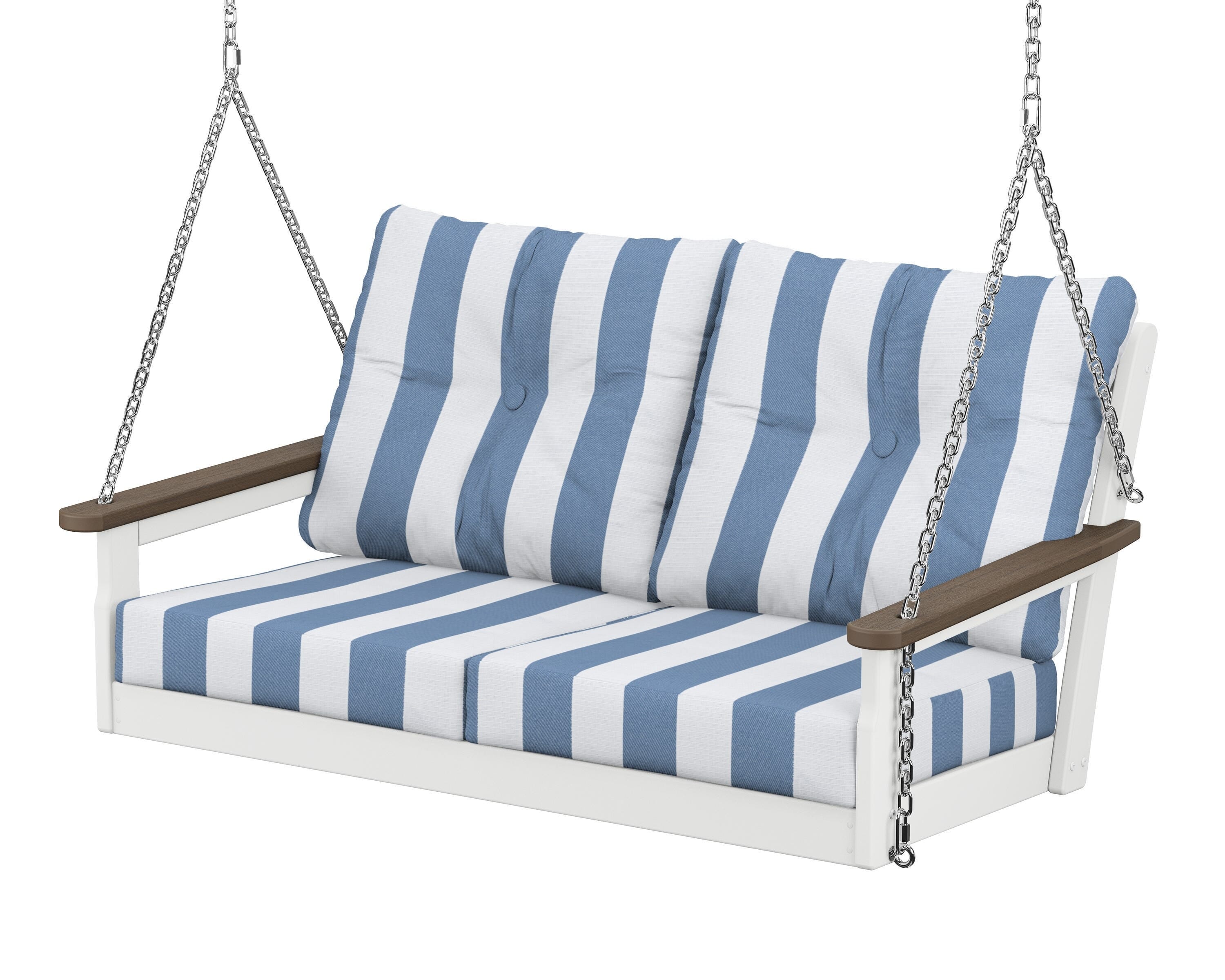 POLYWOOD® Vineyard Deep Seating Swing in White / Kona / Cabana Stripe Sky Blue