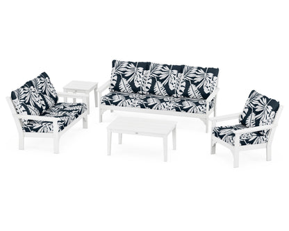 POLYWOOD® Vineyard 5 Piece Deep Seating Set in White / Leaf Marine Indigo