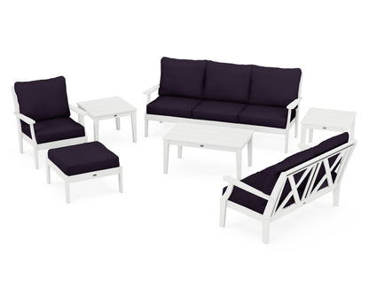POLYWOOD® Braxton 7-Piece Deep Seating Set in White / Navy Linen