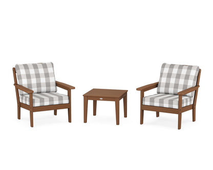 Country Living Cottage 3-Piece Deep Seating Set in Teak / Buffalo Plaid Grey Mist