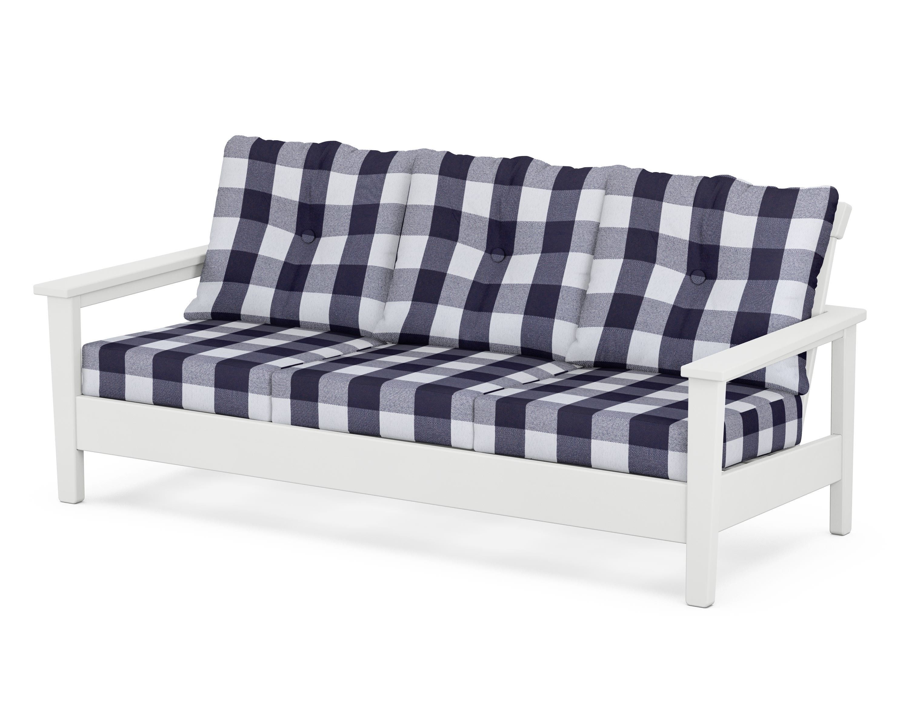 POLYWOOD® Prescott Deep Seating Sofa in White / Buffalo Plaid Navy