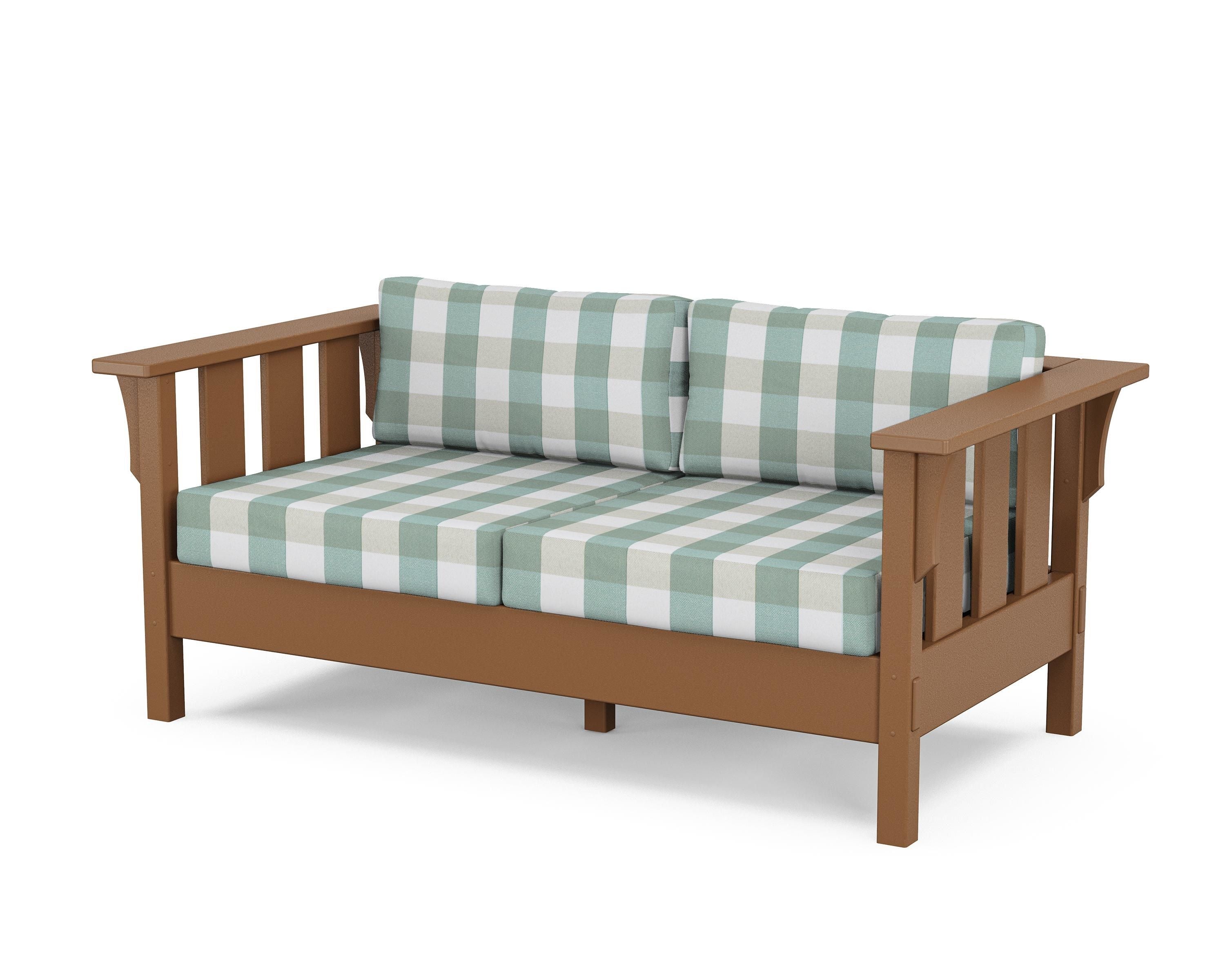Martha Stewart by POLYWOOD® Acadia Deep Seating Loveseat in Teak / Buffalo Plaid Glacier Spa