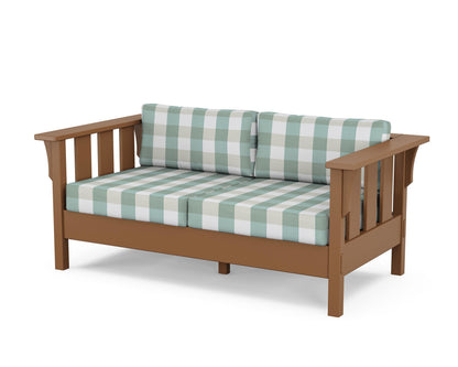 Martha Stewart by POLYWOOD® Acadia Deep Seating Loveseat in Teak / Buffalo Plaid Glacier Spa