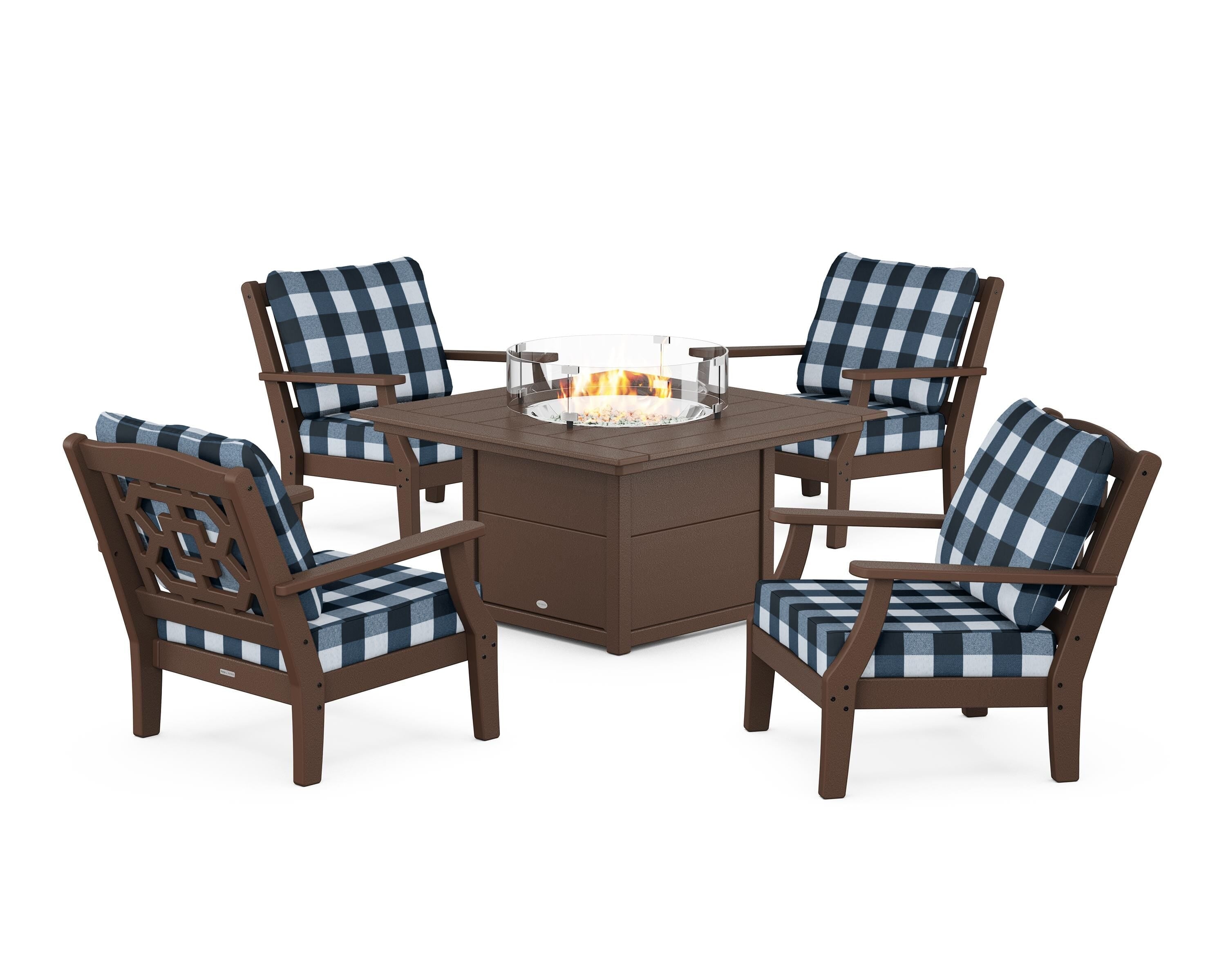 Martha Stewart by POLYWOOD® Chinoiserie 5-Piece Deep Seating Set with Fire Pit Table in Mahogany / Buffalo Plaid Marine Indigo