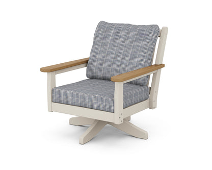 POLYWOOD® Chippendale Deep Seating Swivel Chair in Sand / Natural / Houndstooth Sky Blue