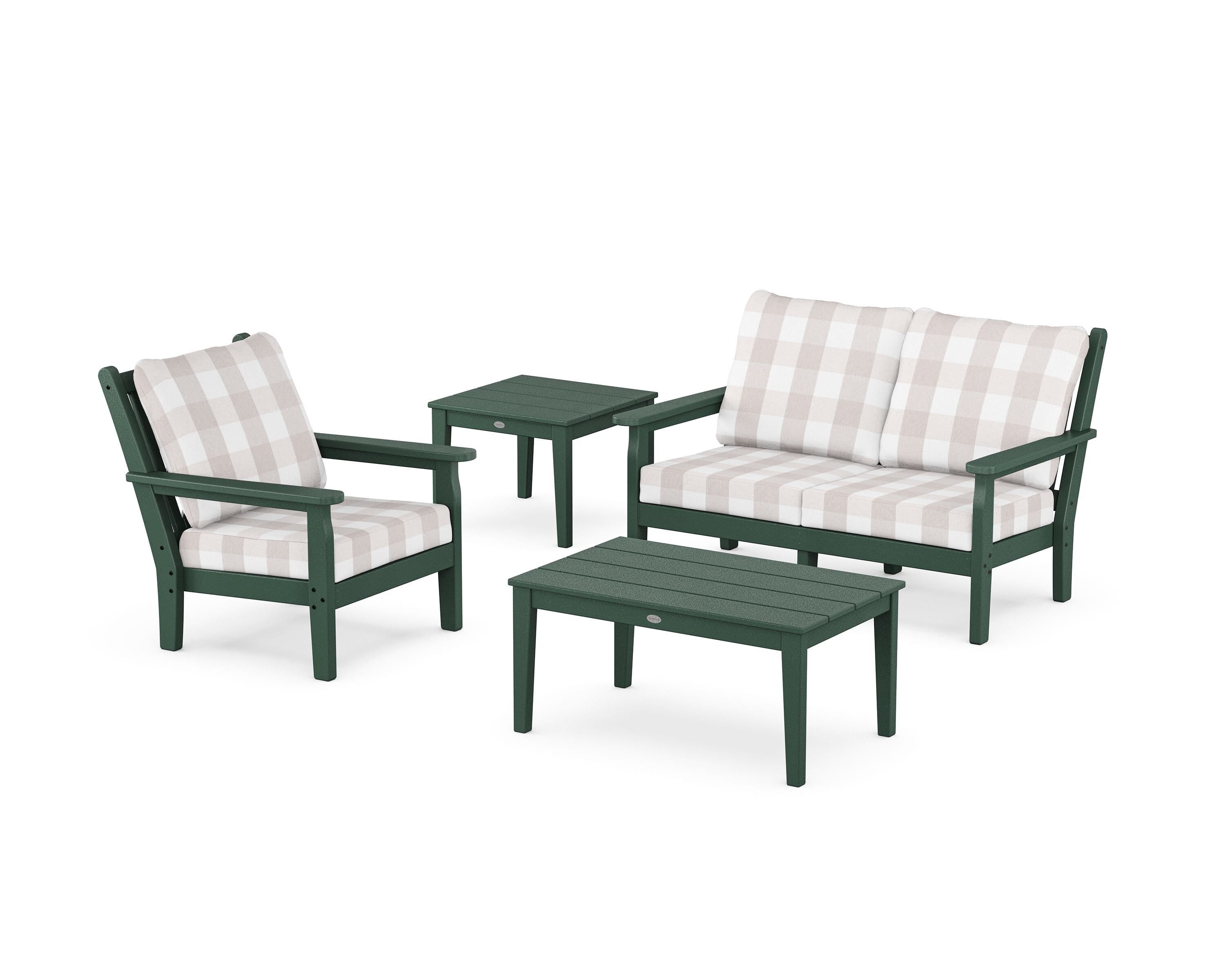 POLYWOOD® Chippendale 4-Piece Deep Seating Set in Green / Buffalo Plaid Dune Burlap