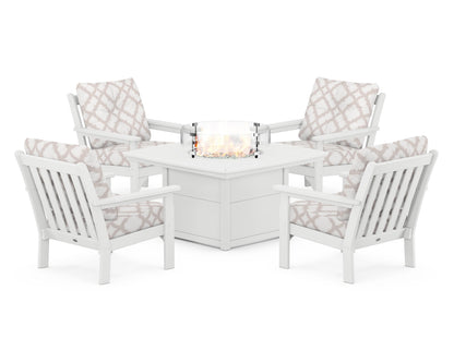 POLYWOOD® Vineyard 5-Piece Conversation Set with Fire Pit Table in White / Trellis Dune Burlap