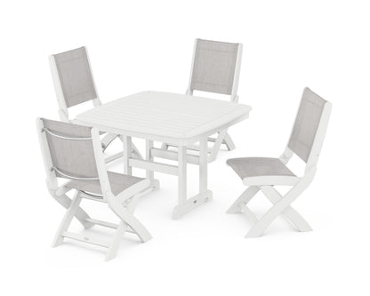 POLYWOOD® Coastal Folding Side Chair 5-Piece Dining Set in White / Parchment Sling