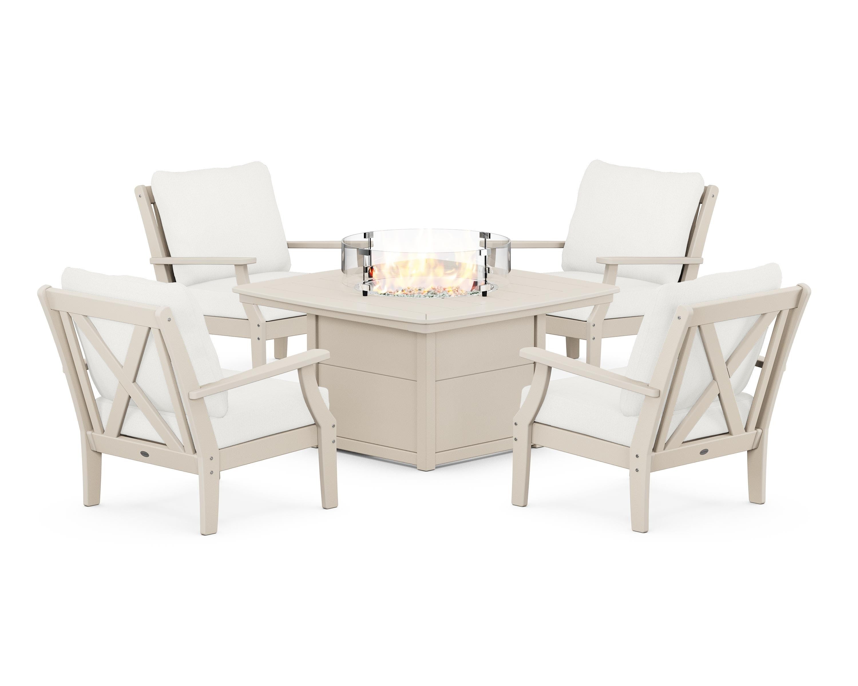 POLYWOOD® Braxton 5-Piece Deep Seating Conversation Set with Fire Pit Table in Sand / Natural Linen