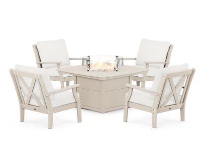 POLYWOOD® Braxton 5-Piece Deep Seating Conversation Set with Fire Pit Table in Sand / Natural Linen
