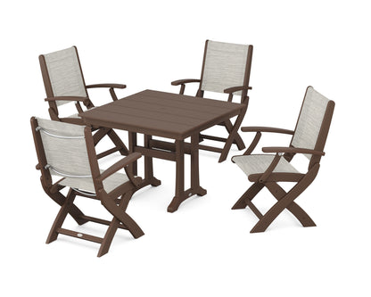 POLYWOOD® Coastal Folding Chair 5-Piece Farmhouse Dining Set With Trestle Legs in Mahogany / Birch Sling