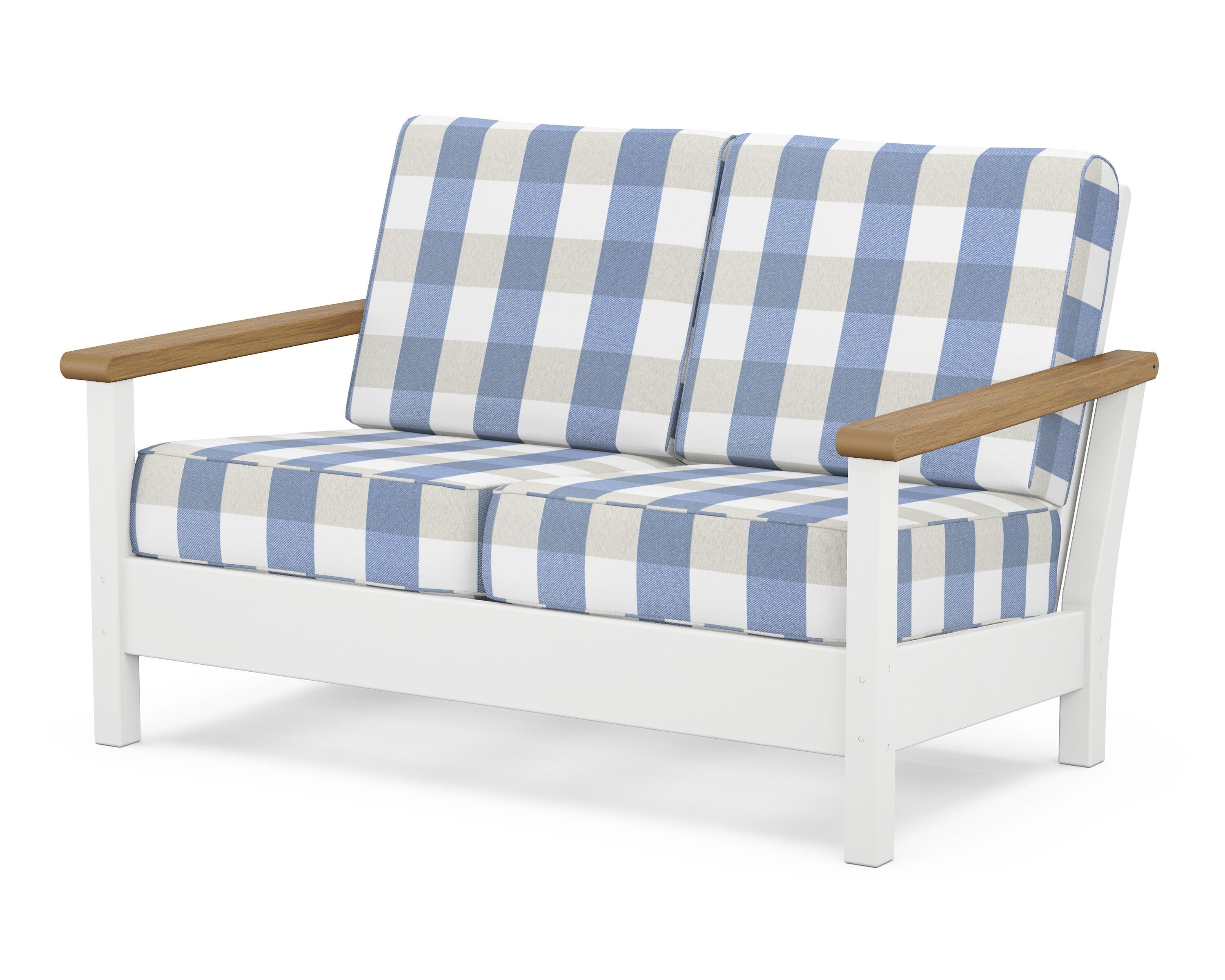 POLYWOOD® Harbour Deep Seating Loveseat in White / Natural / Buffalo Plaid Sky Blue