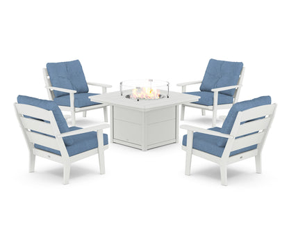 POLYWOOD® Lakeside 5-Piece Deep Seating Set with Nautical Fire Pit Table in White / Sky Blue