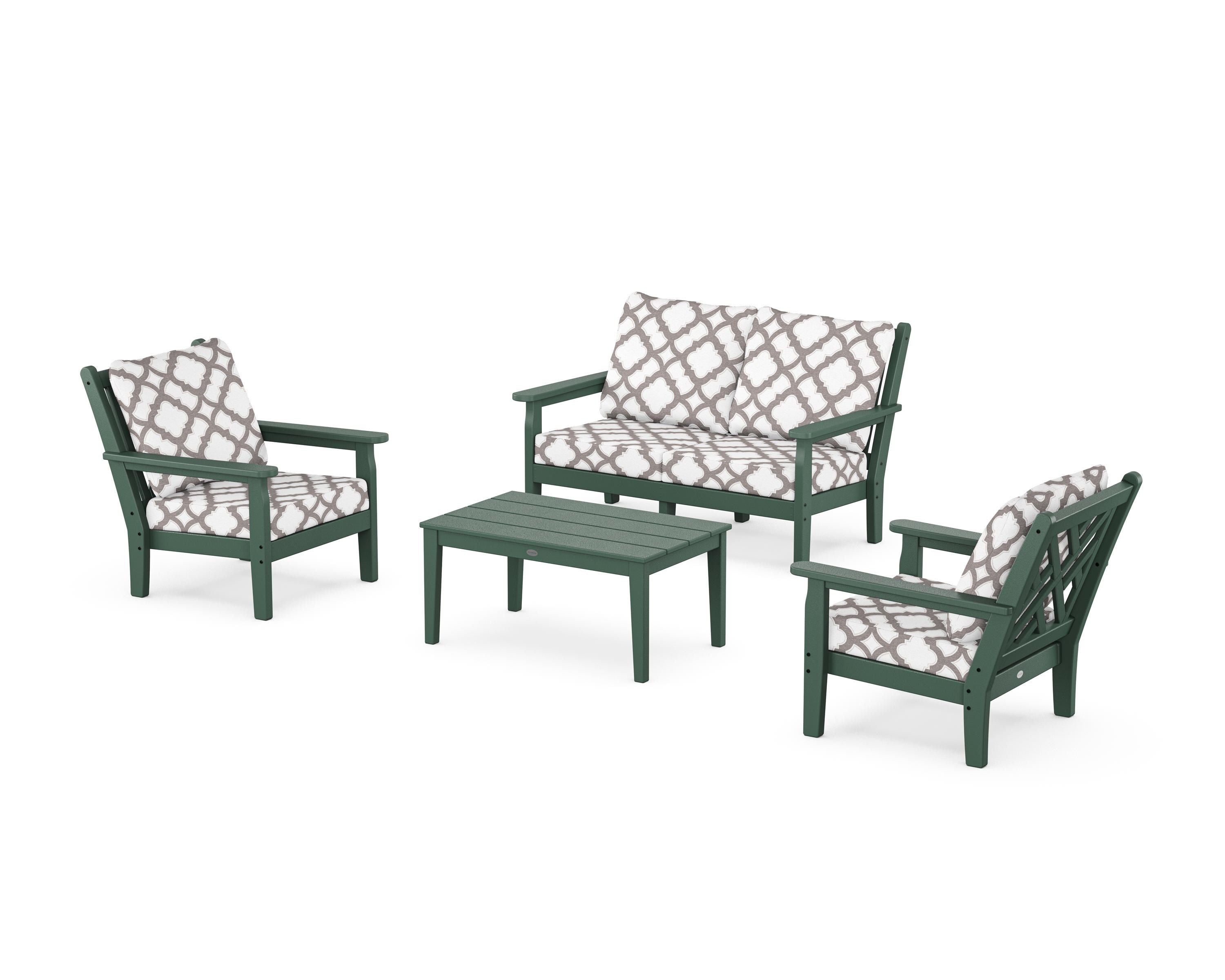 POLYWOOD® Chippendale 4-Piece Deep Seating Set with Loveseat in Green / Trellis Grey Mist