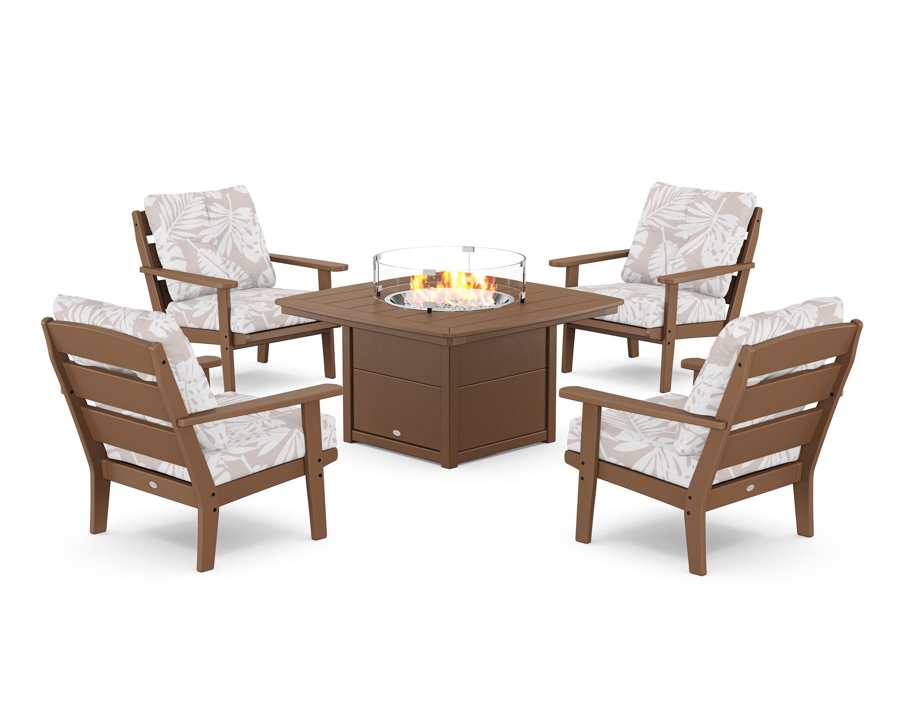 POLYWOOD® Lakeside 5-Piece Deep Seating Set with Nautical Fire Pit Table in Teak / Leaf Dune Burlap