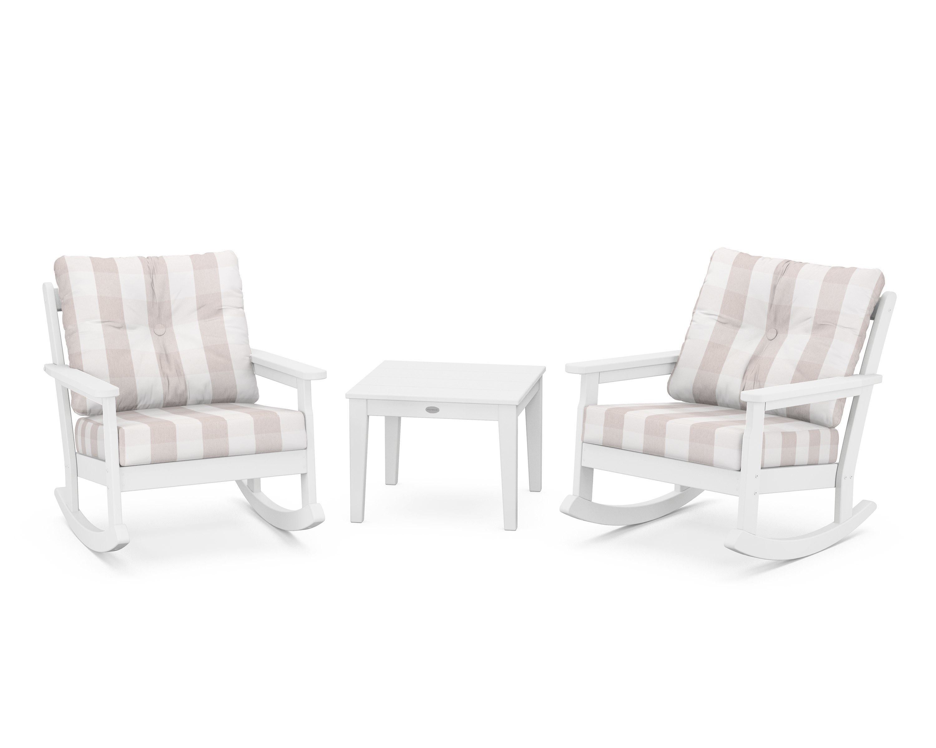 POLYWOOD® Vineyard 3-Piece Deep Seating Rocker Set in White / Buffalo Plaid Dune Burlap