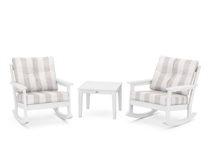 POLYWOOD® Vineyard 3-Piece Deep Seating Rocker Set in White / Buffalo Plaid Dune Burlap