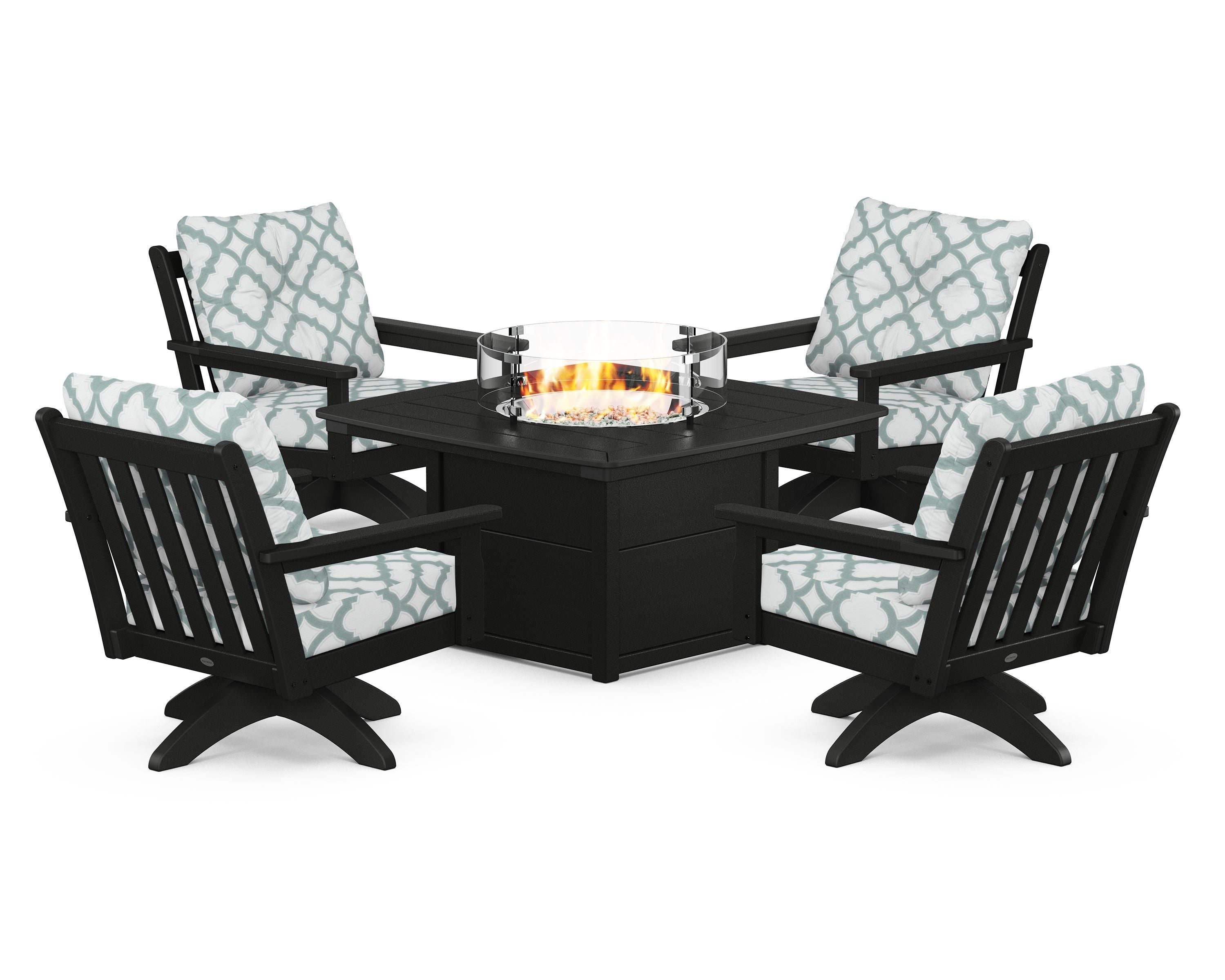 POLYWOOD® Vineyard 5-Piece Deep Seating Swivel Conversation Set with Fire Pit Table in Black / Trellis Glacier Spa