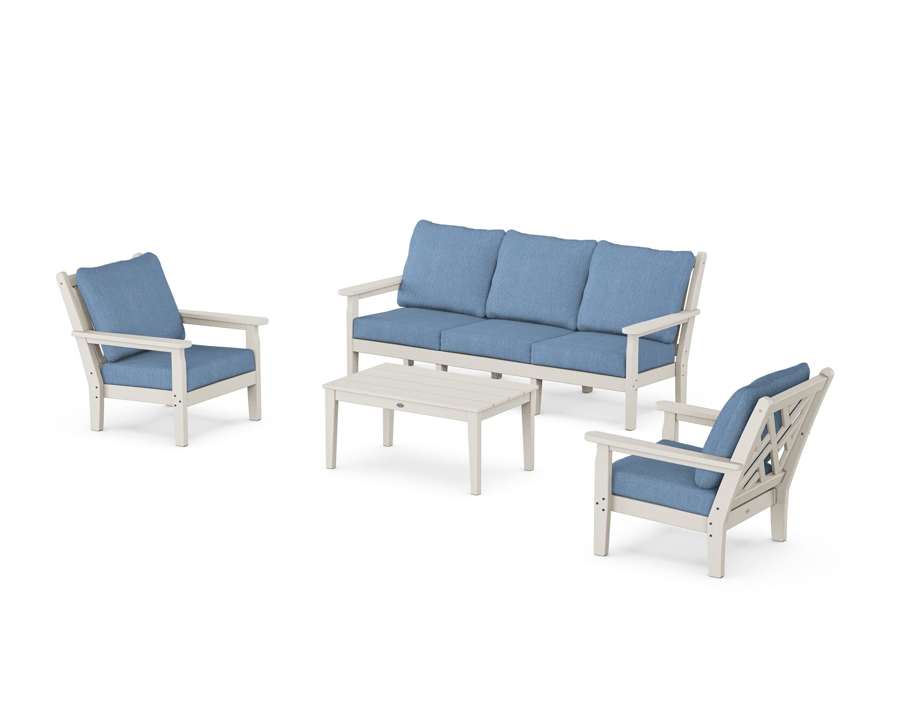 POLYWOOD® Chippendale 4-Piece Deep Seating Set with Sofa in Sand / Sky Blue